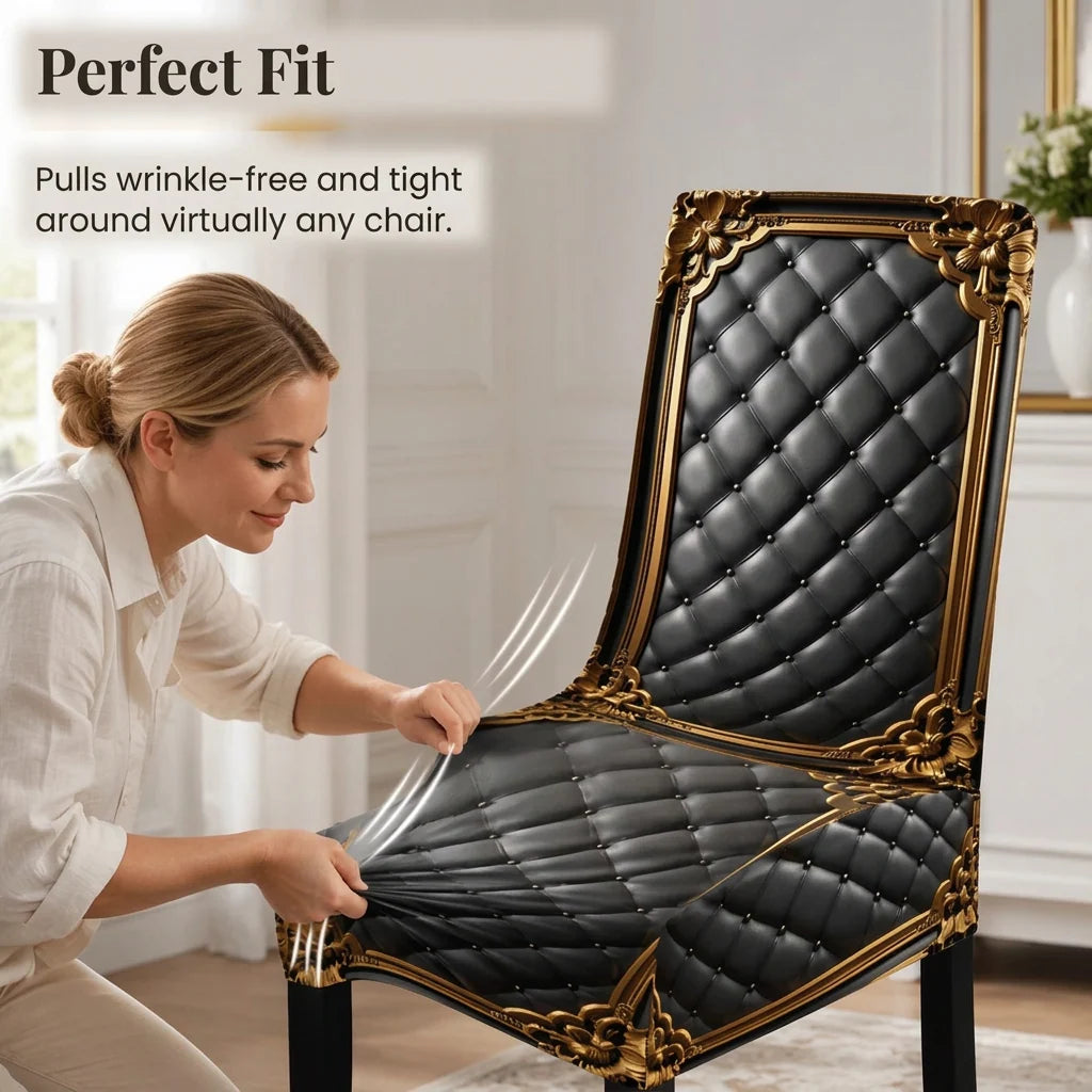 Dining Chair Covers Stretch Fit Washable Baroque Print Gold Accents