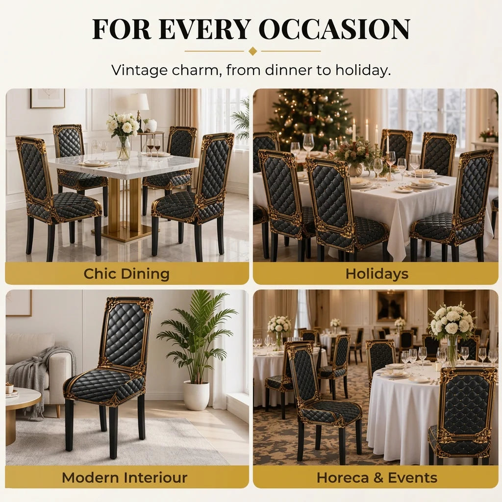 Dining Chair Covers Stretch Fit Washable Baroque Print Gold Accents