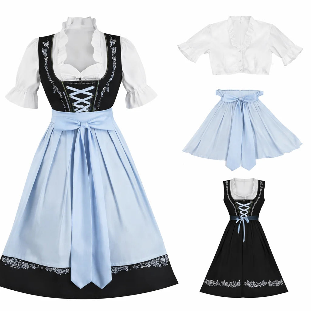 Dirndl Dress Set Three-Piece with Blouse and Apron Front Lace-Up Bodice