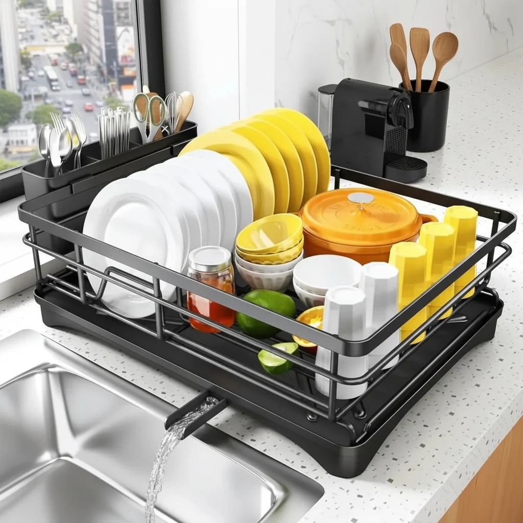 Dish Drainer Spacious Rack Integrated Drip Tray