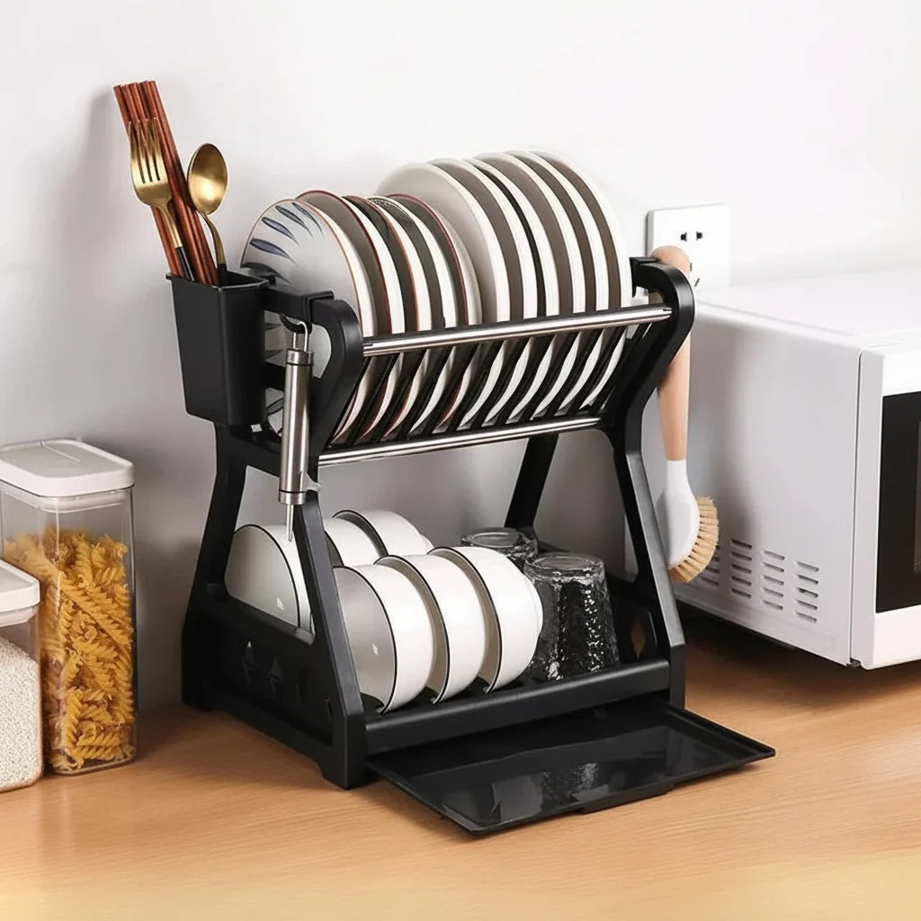 Dish Drainer Two-Tier With Drip Tray & Cutlery Holder