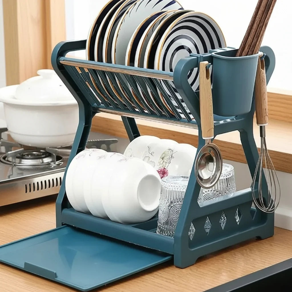 Dish Drainer Two-Tier With Drip Tray & Cutlery Holder