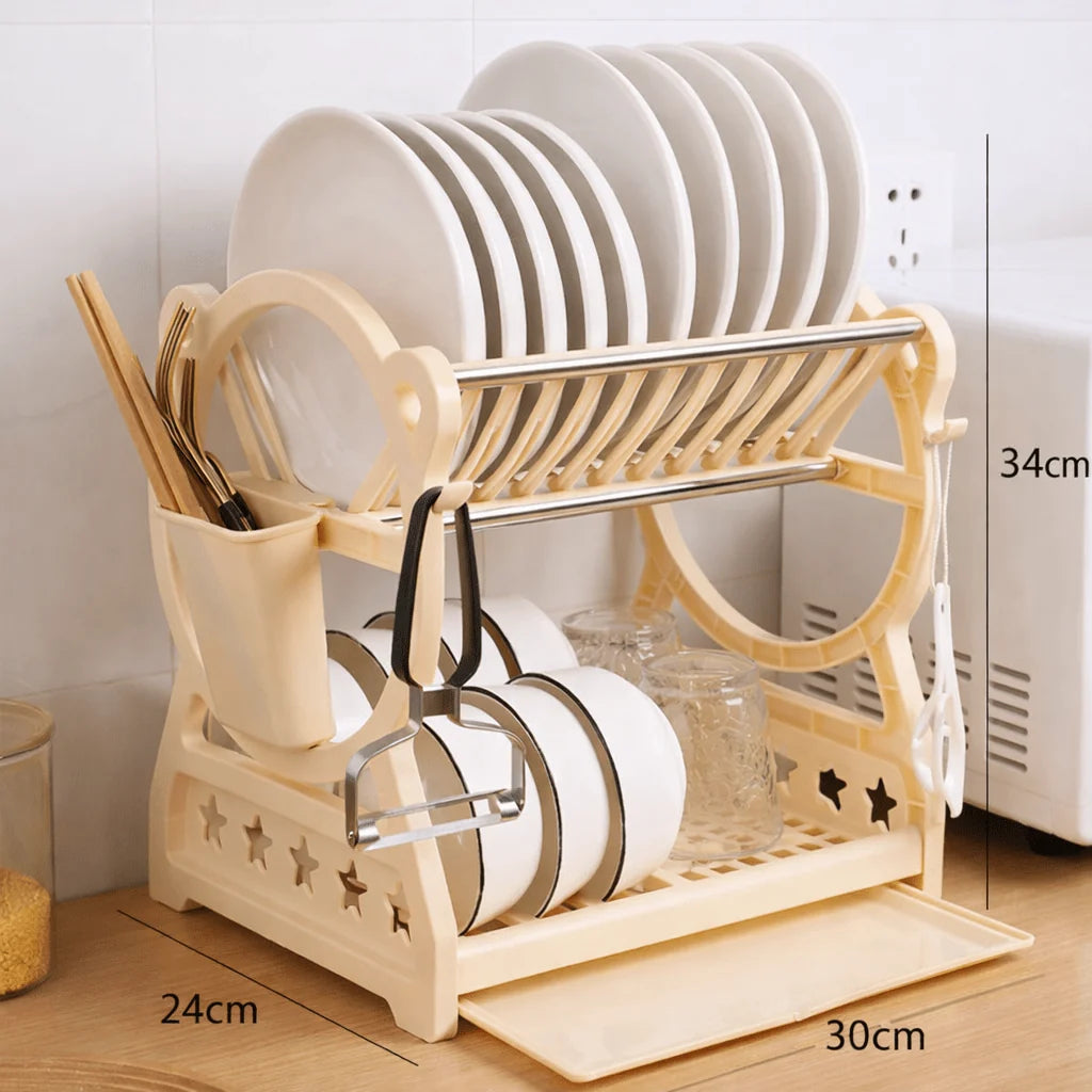 Dish Drainer Two-Tier With Drip Tray & Cutlery Holder