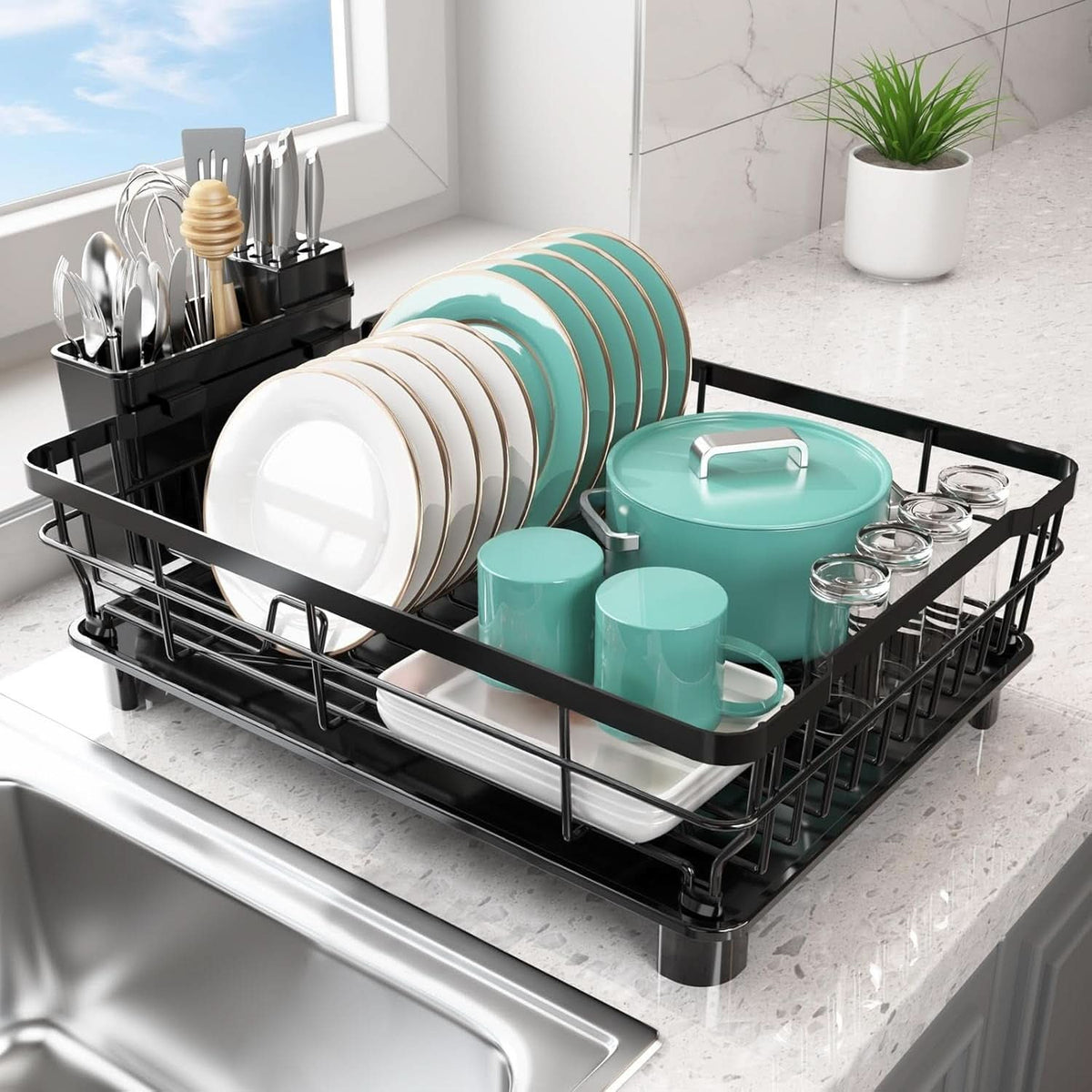 Dish Drying Rack Coated Metal Integrated Cutlery Holder Compact Design