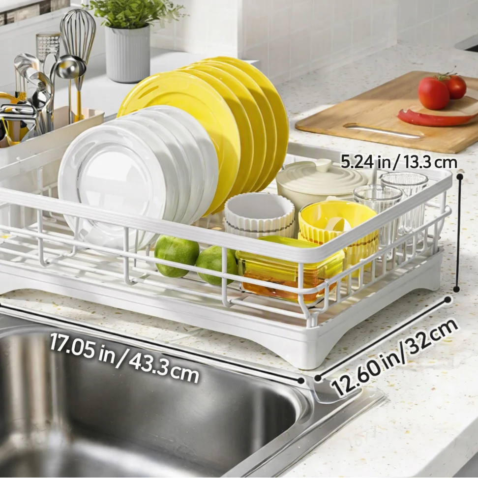 Dish Drying Rack Coated Metal Integrated Cutlery Holder Compact Design
