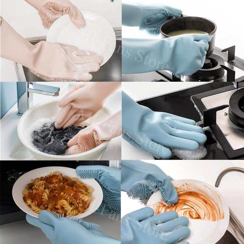 Dishwashing Gloves Silicone Built-In Scrubbers Non-Slip Grip