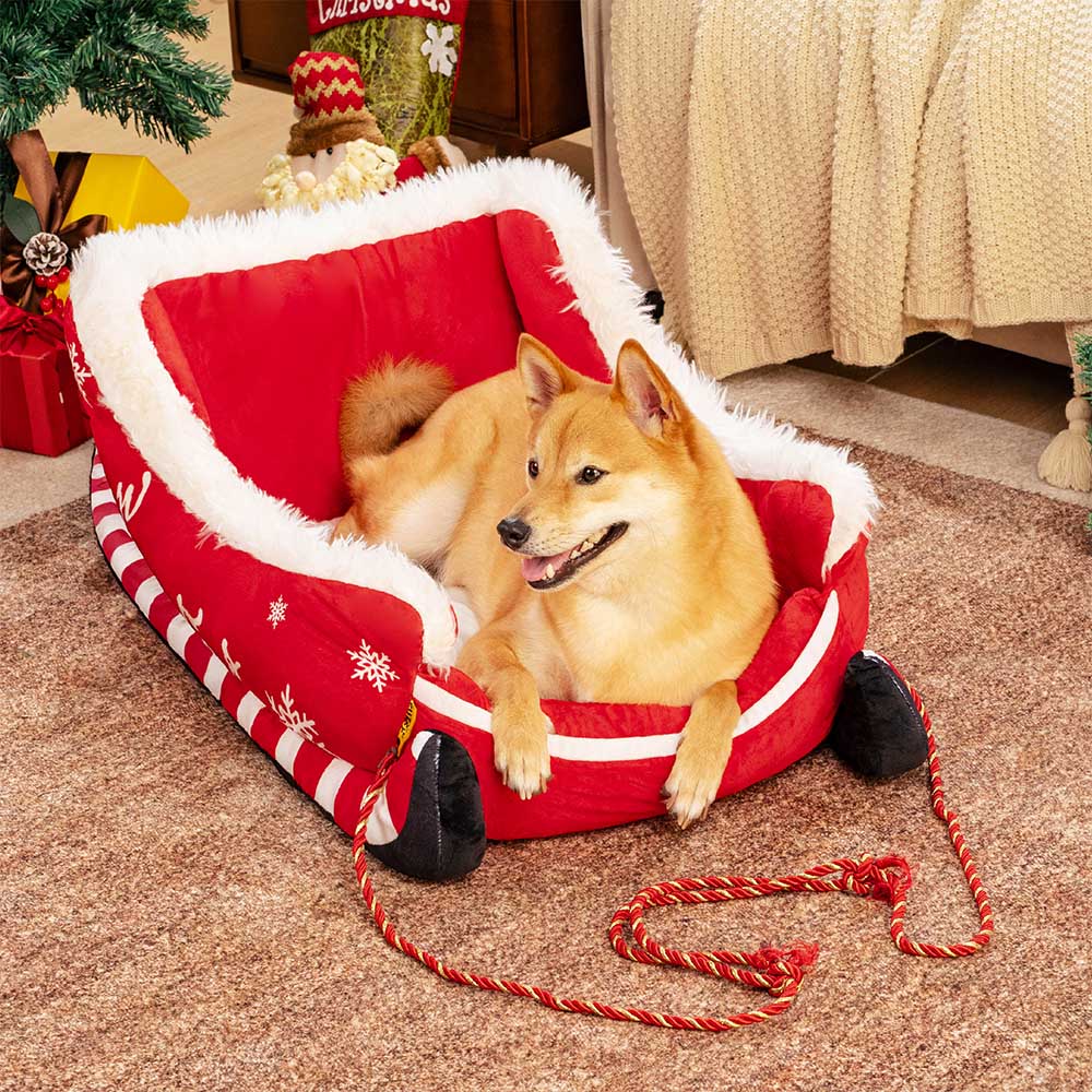 Dog Bed Christmas Sleigh Design Plush Faux Fur Non-Slip