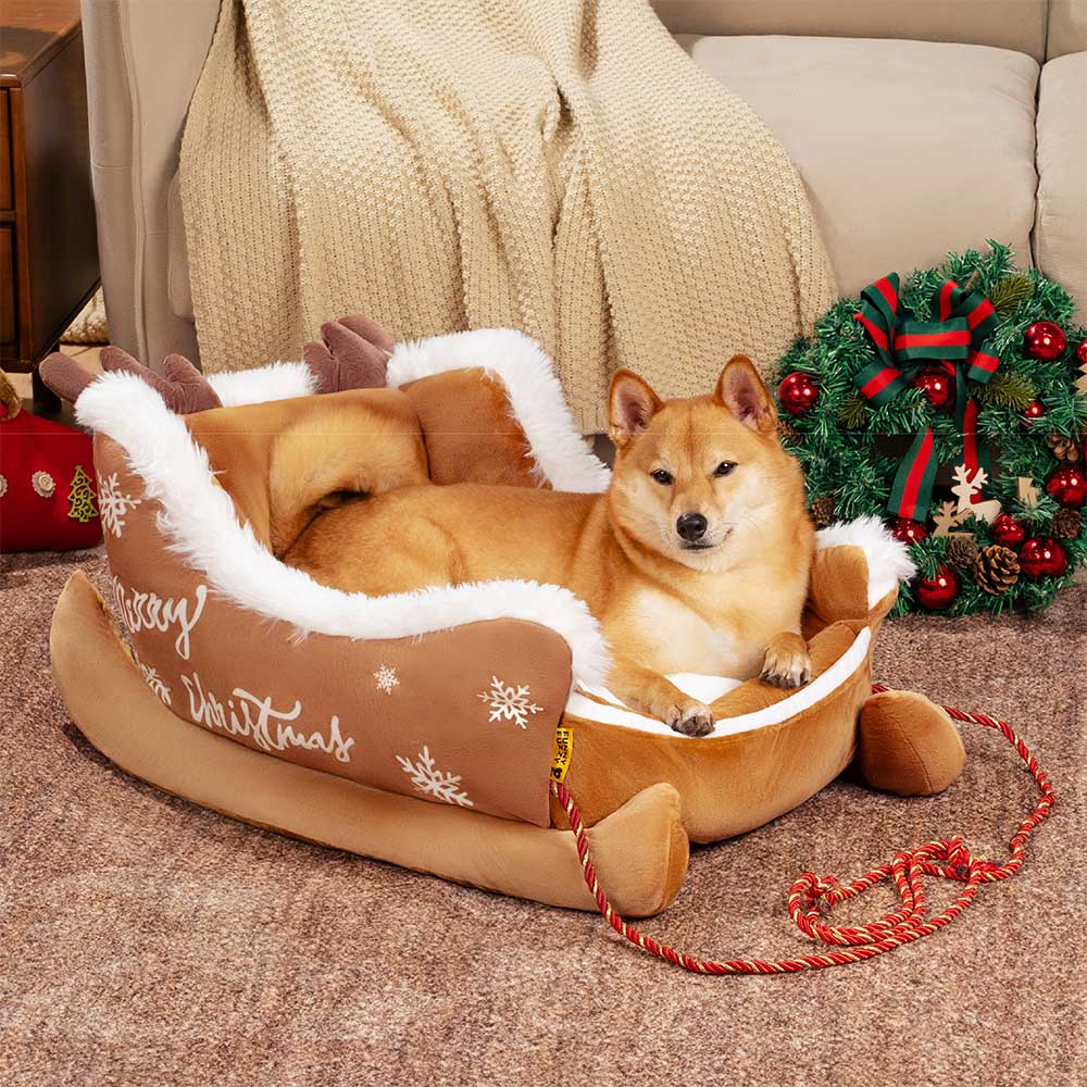 Dog Bed Christmas Sleigh Design Plush Faux Fur Non-Slip