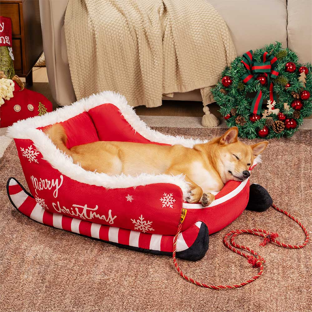 Dog Bed Christmas Sleigh Design Plush Faux Fur Non-Slip
