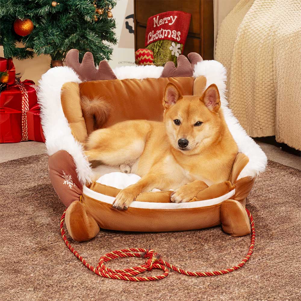 Dog Bed Christmas Sleigh Design Plush Faux Fur Non-Slip