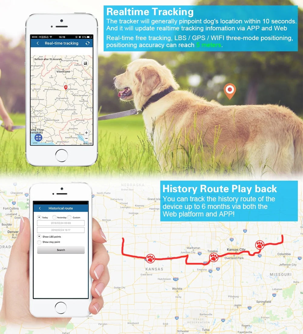 Dog & Cat GPS Collar Real-Time Tracking Waterproof Lightweight