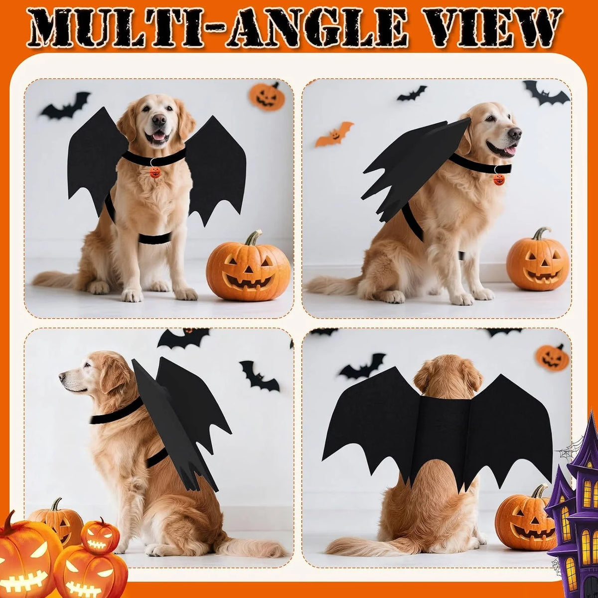 Dog Halloween Costume Felt Bat Wings Adjustable Fit Pumpkin Bell