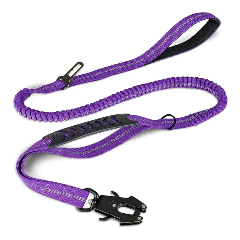 Dog Leash Shock-Absorbing Bungee Reflective Strands Seatbelt Clip