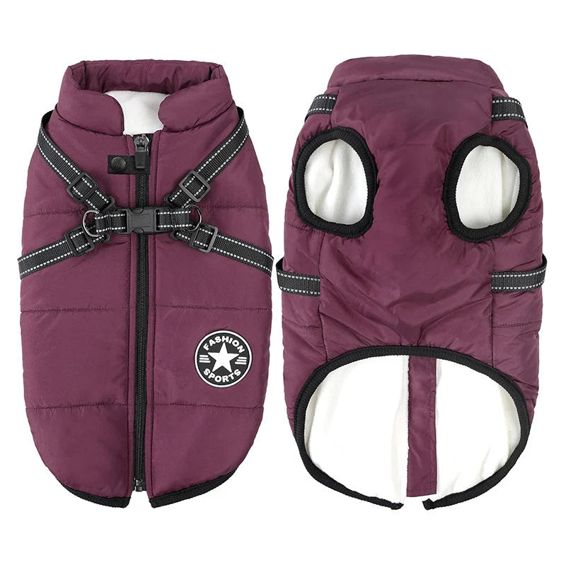 Dog Winter Coat Waterproof Windproof Fleece-Lined Built-In Harness