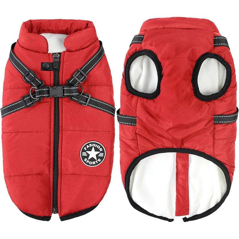 Dog Winter Coat Waterproof Windproof Fleece-Lined Built-In Harness