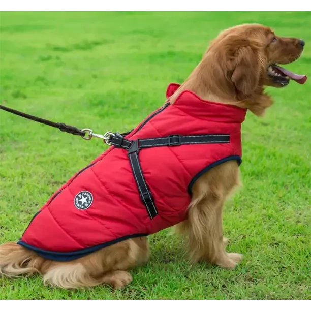 Dog Winter Coat Waterproof Windproof Fleece-Lined Built-In Harness