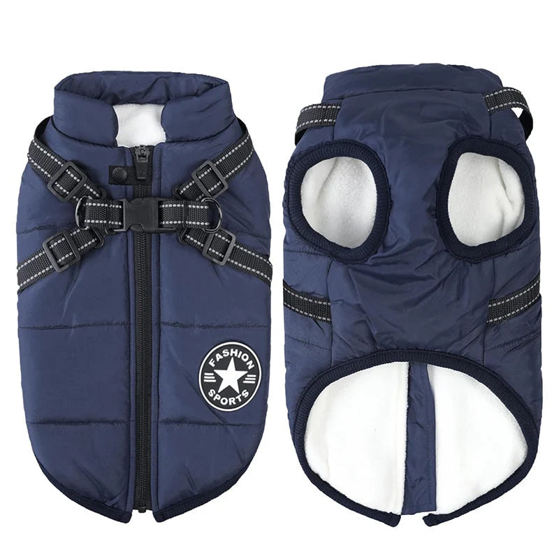 Dog Winter Coat Waterproof Windproof Fleece-Lined Built-In Harness