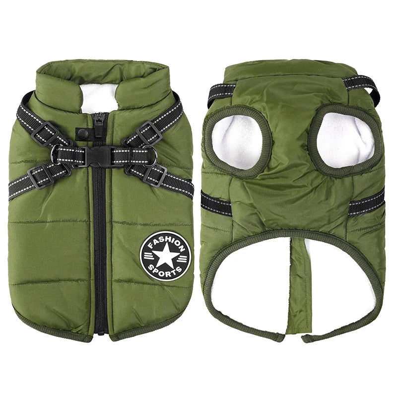 Dog Winter Coat Waterproof Windproof Fleece-Lined Built-In Harness