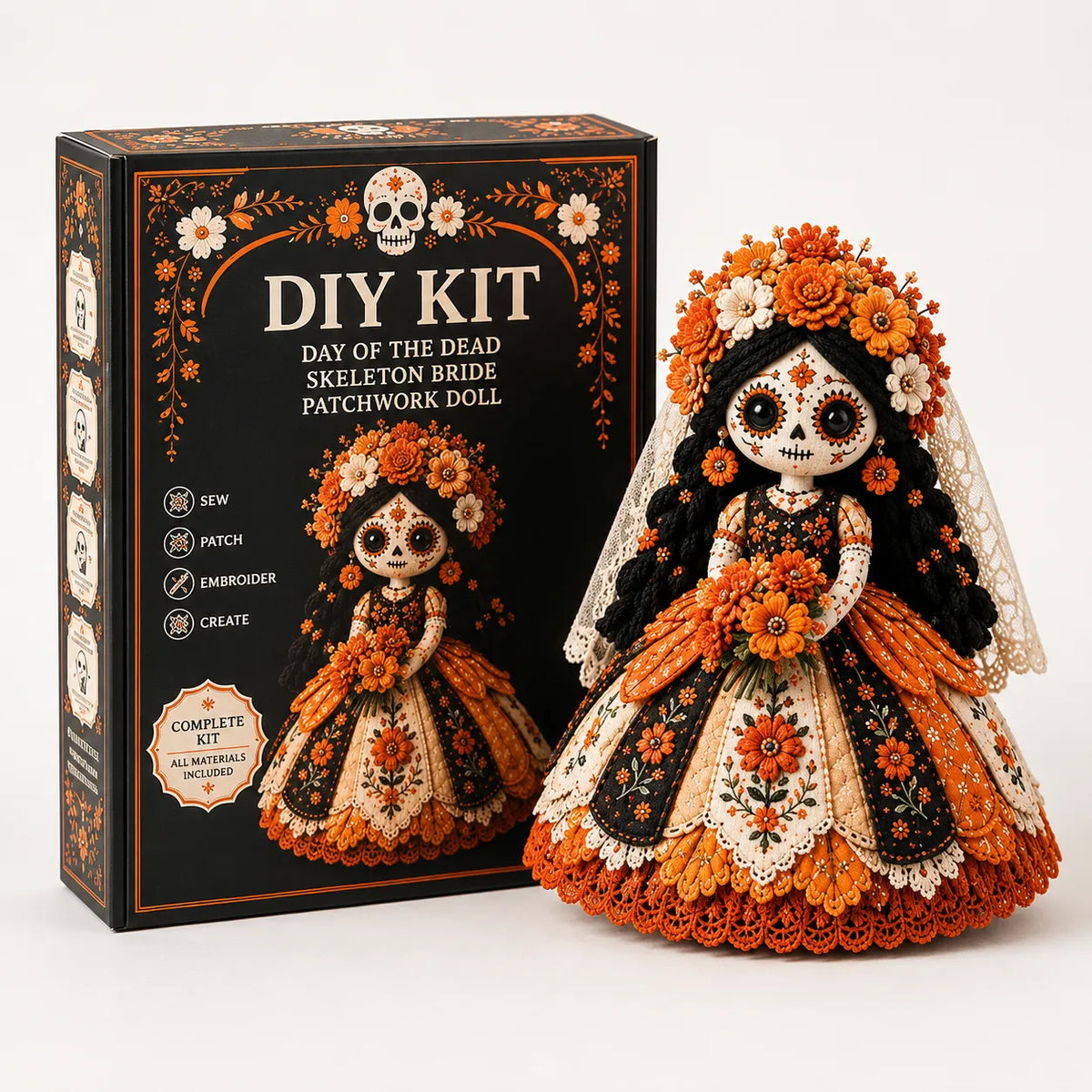 Doll Sewing Kit Day of the Dead Patchwork Design