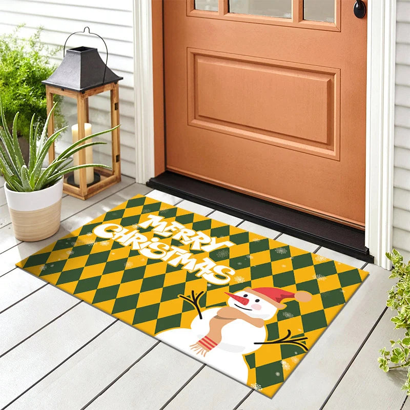 Door Mat Snowman Checkered Weather-Resistant & Non-Slip Backing