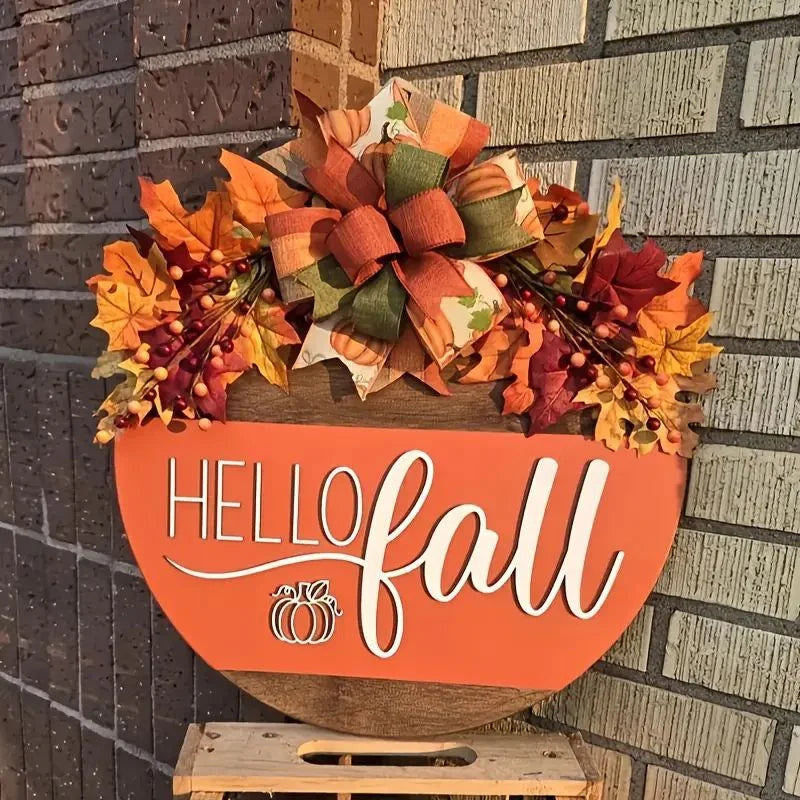 Door Sign Hello Fall Pumpkin Weather-Resistant Indoor & Outdoor