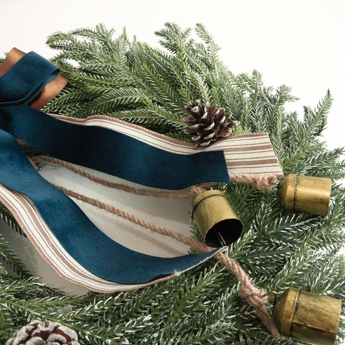 Door Wreath Faux Evergreen 18 Inch Ribbon & Bells