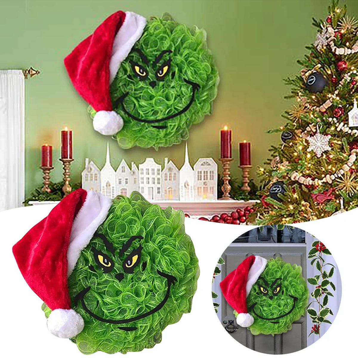 Door Wreath Whimsical Grinch Face Weather-Resistant 15.75 Inch