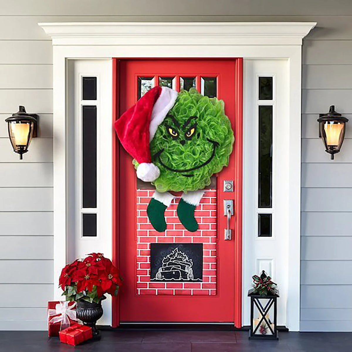 Door Wreath Whimsical Grinch Face Weather-Resistant 15.75 Inch