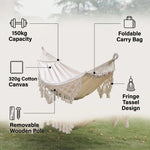 Double Outdoor Hammock Cotton Canvas & Wooden Spreader Bar