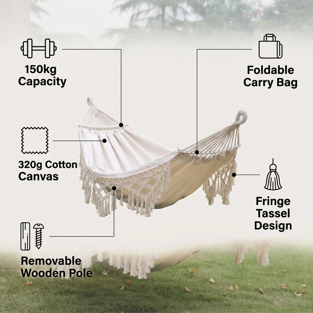 Double Outdoor Hammock Cotton Canvas & Wooden Spreader Bar