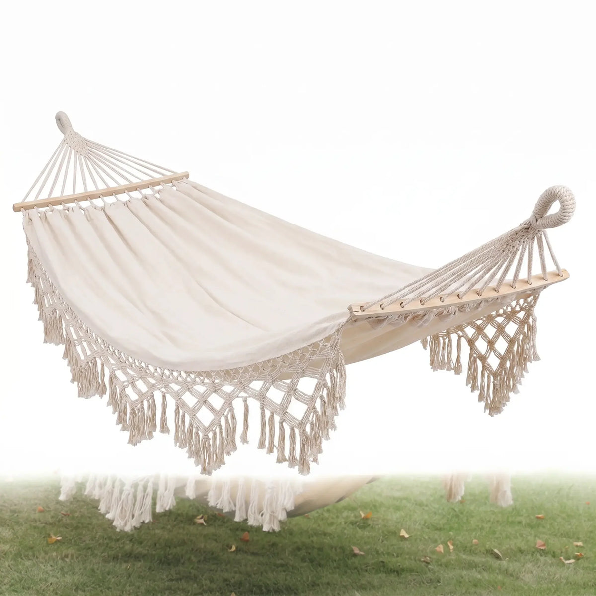 Double Outdoor Hammock Cotton Canvas & Wooden Spreader Bar
