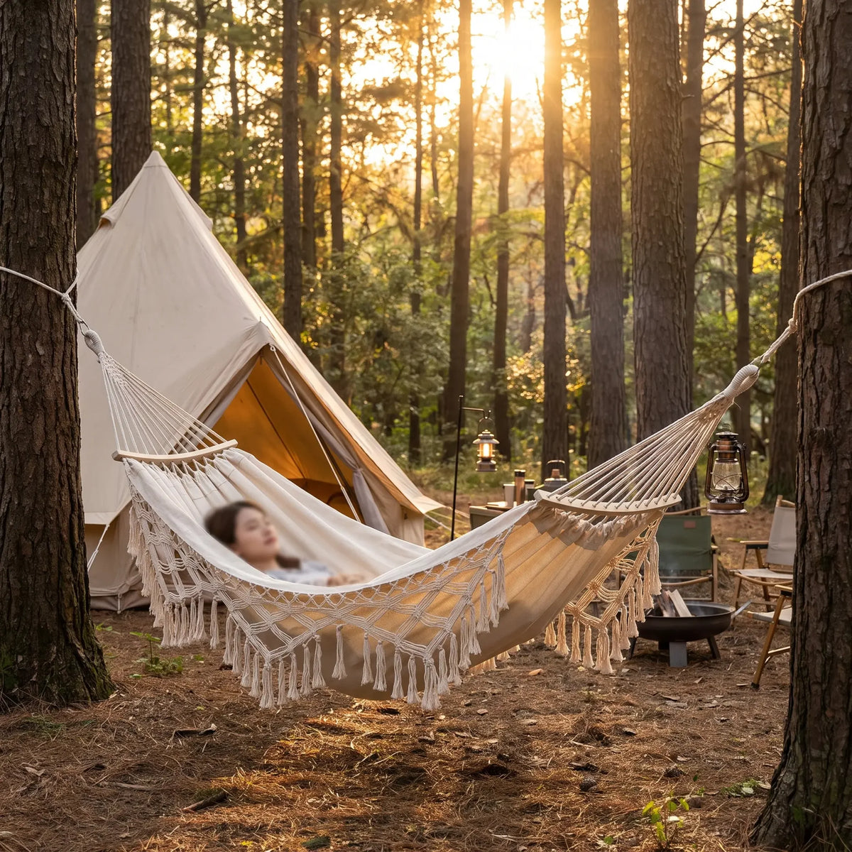 Double Outdoor Hammock Cotton Canvas & Wooden Spreader Bar