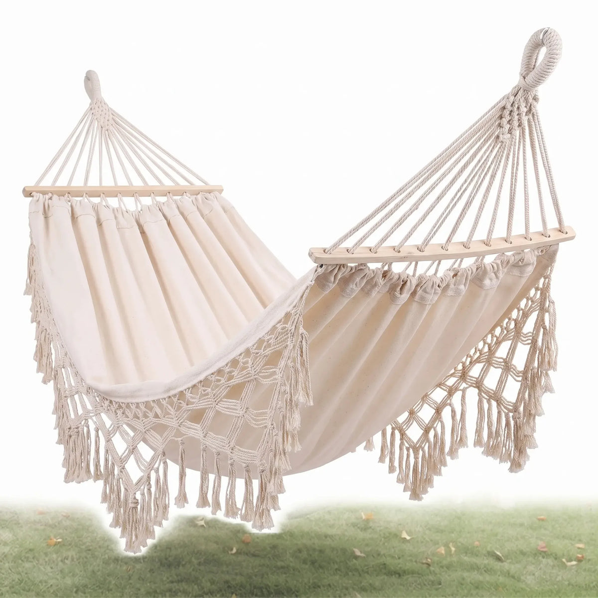 Double Outdoor Hammock Cotton Canvas & Wooden Spreader Bar