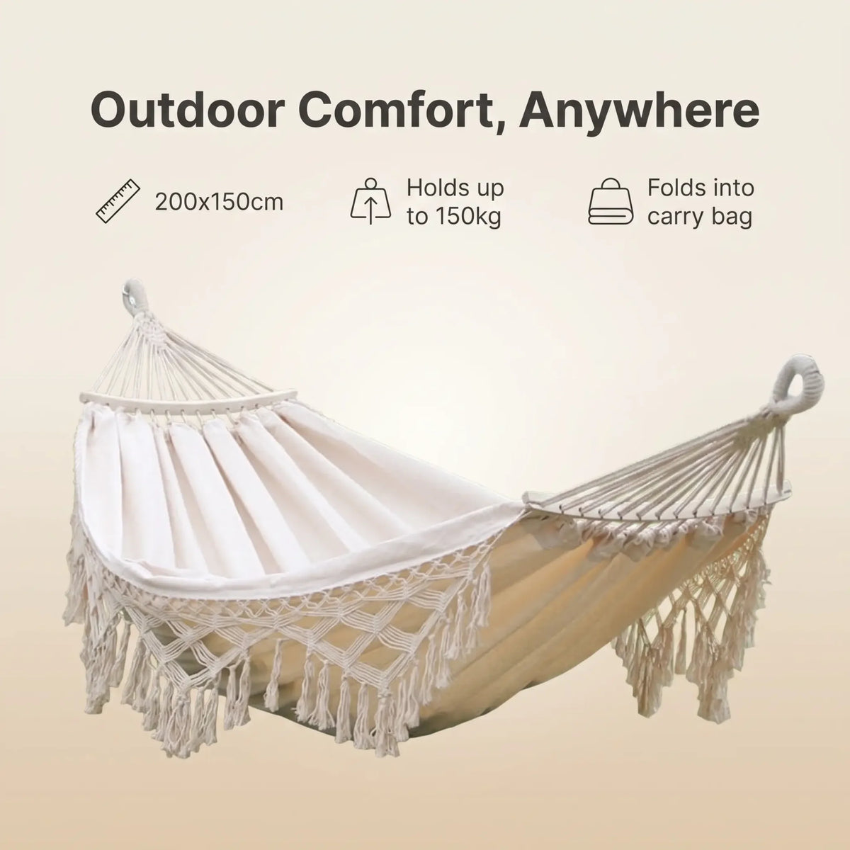 Double Outdoor Hammock Cotton Canvas & Wooden Spreader Bar