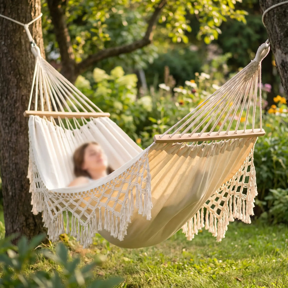 Double Outdoor Hammock Cotton Canvas & Wooden Spreader Bar