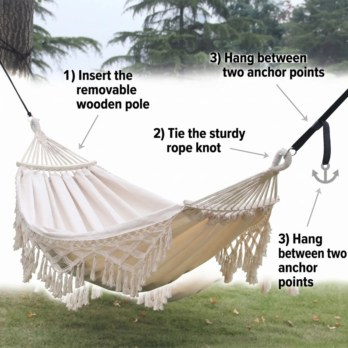 Double Outdoor Hammock Cotton Canvas & Wooden Spreader Bar