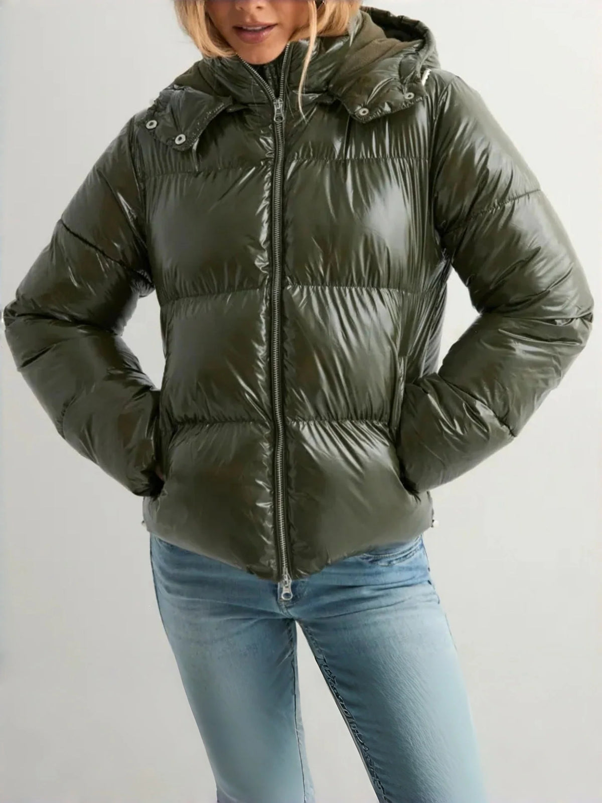 Down Jacket Lightweight Adjustable Hood Glossy Finish