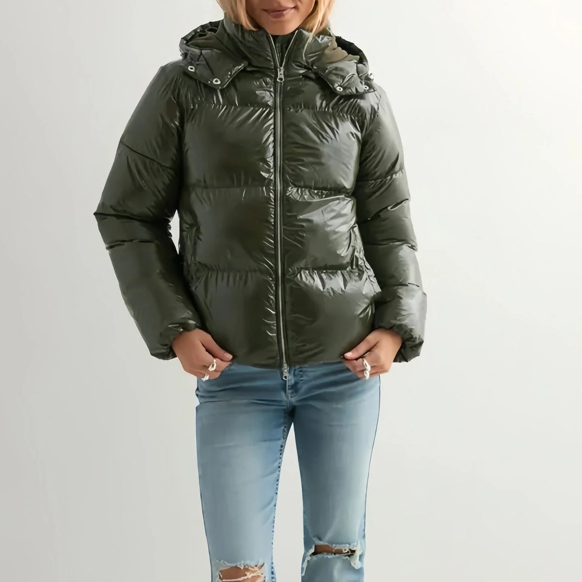 Down Jacket Lightweight Adjustable Hood Glossy Finish