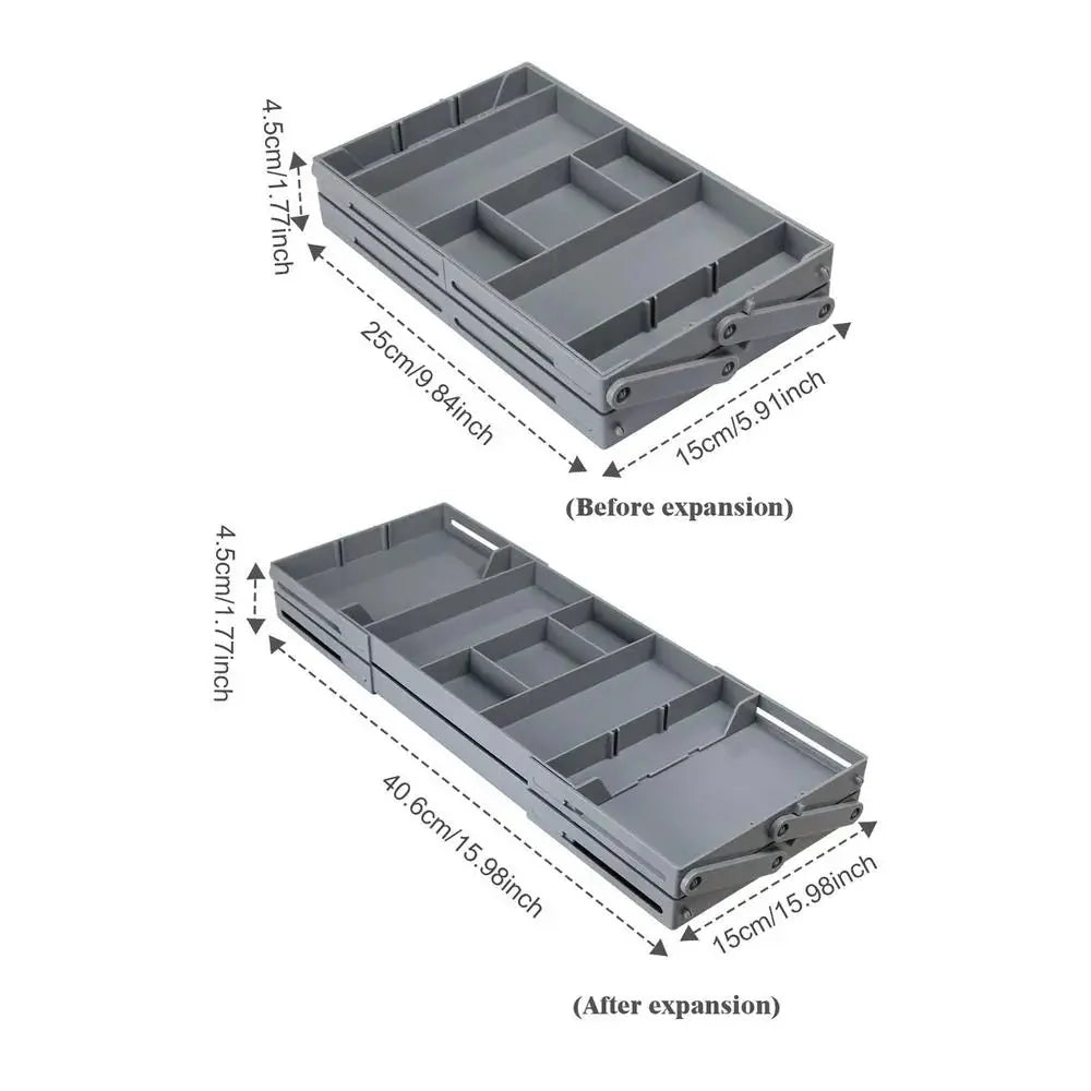 Drawer Organizer Adjustable Collapsible Multi-Tier ABS flipped? Wait title. Need no issue. "Drawer Organizer Adjustable Collapsible Multi-Tier ABS" fine.