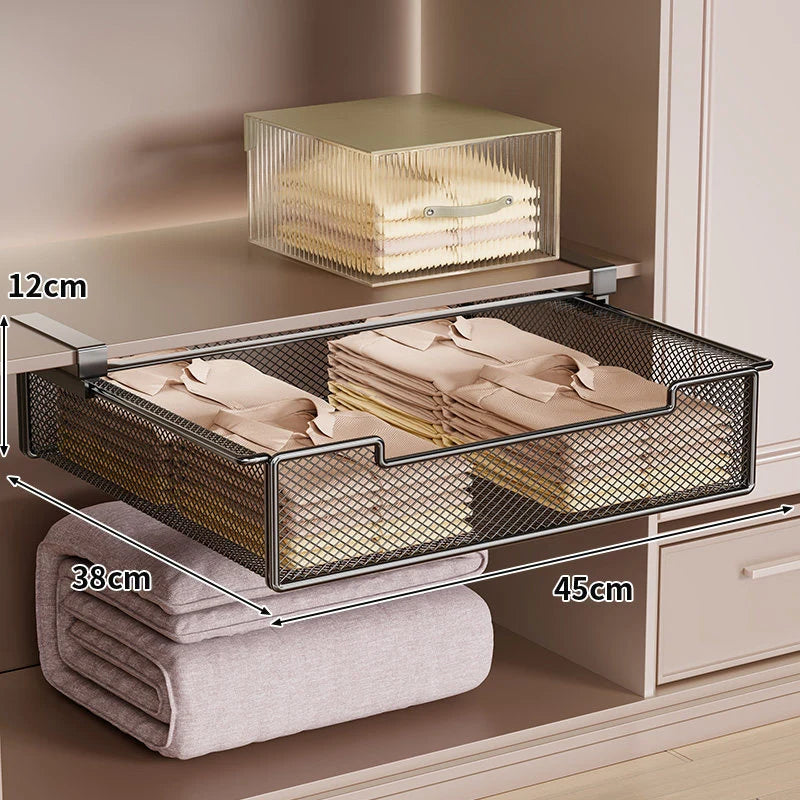 Drawer Organizer Under-Shelf Pull-Out Steel Mesh Tool-Free Installation