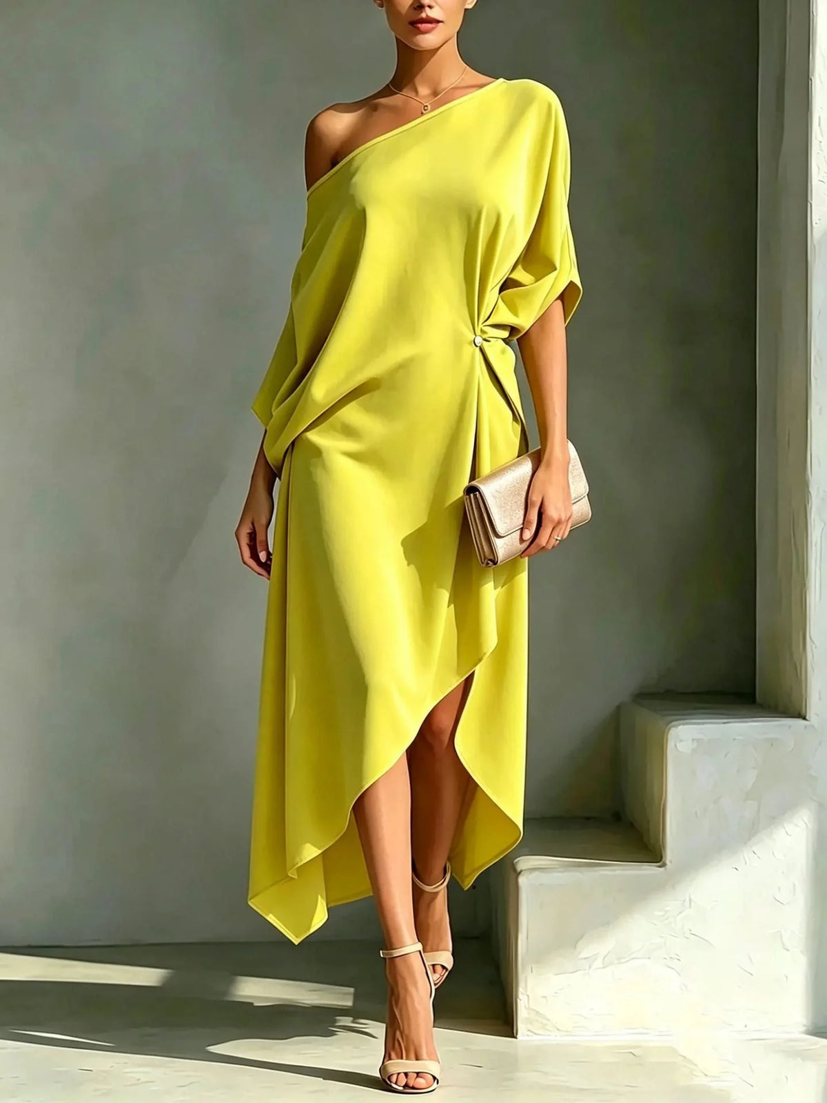 Dress One-Shoulder High-Low Hem Machine-Washable