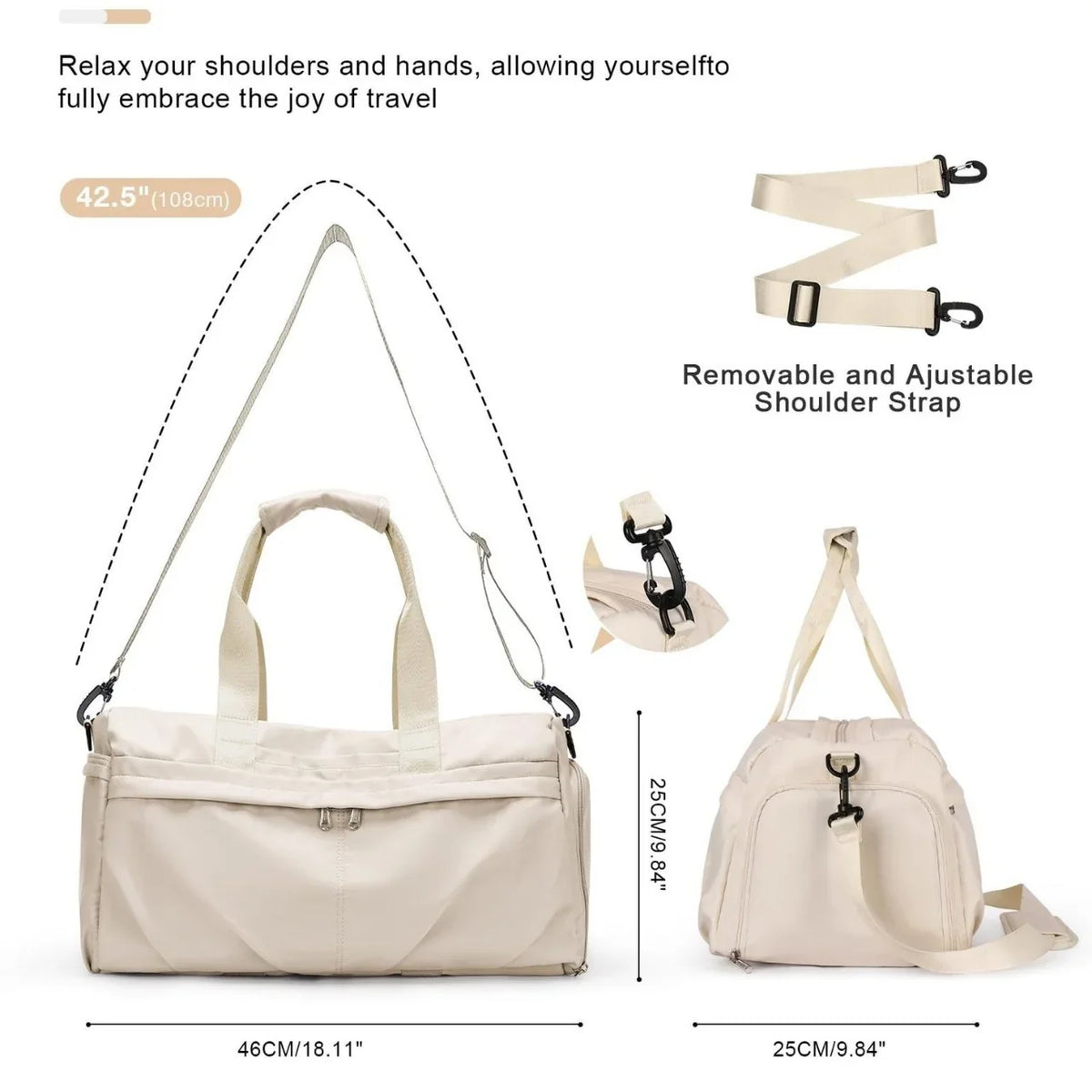 Duffel Bag Water-Resistant Multiple Compartments & Removable Strap