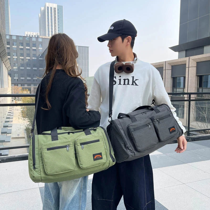 Duffle Bag Checkered Wear-Resistant Fabric Padded Handles & Adjustable Strap