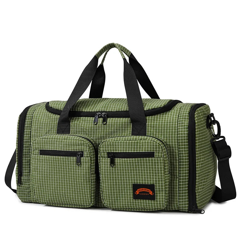 Duffle Bag Checkered Wear-Resistant Fabric Padded Handles & Adjustable Strap