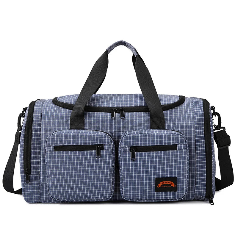 Duffle Bag Checkered Wear-Resistant Fabric Padded Handles & Adjustable Strap