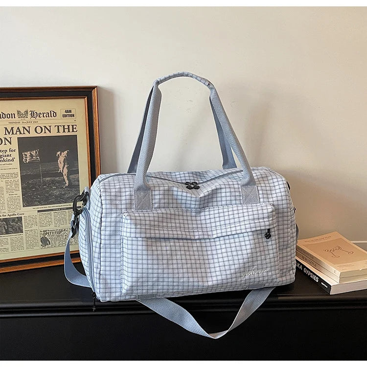 Duffle Bag Grid Pattern Multiple Pockets & Detachable Strap