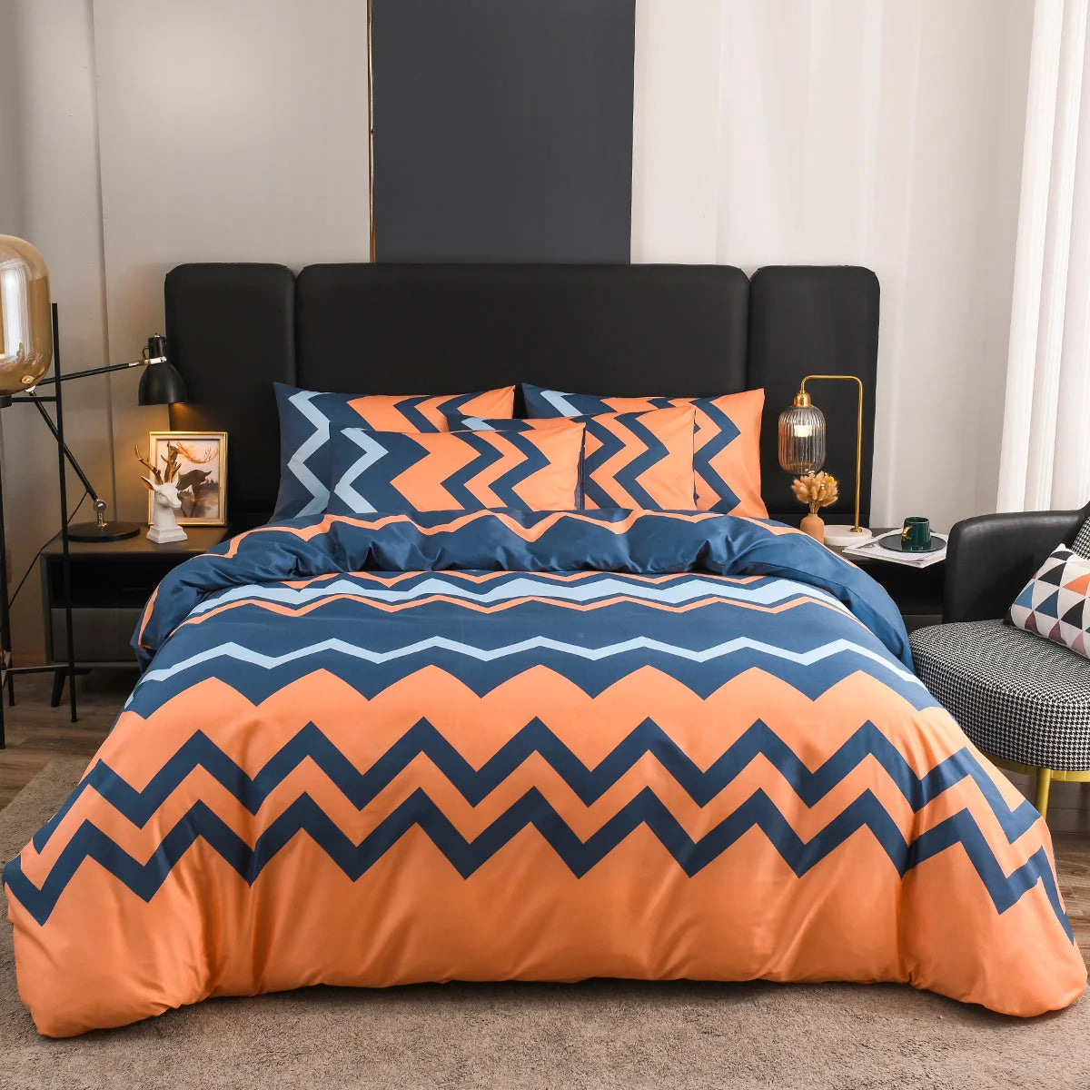 Duvet Cover Blue & Orange Geometric Zigzag Machine Washable