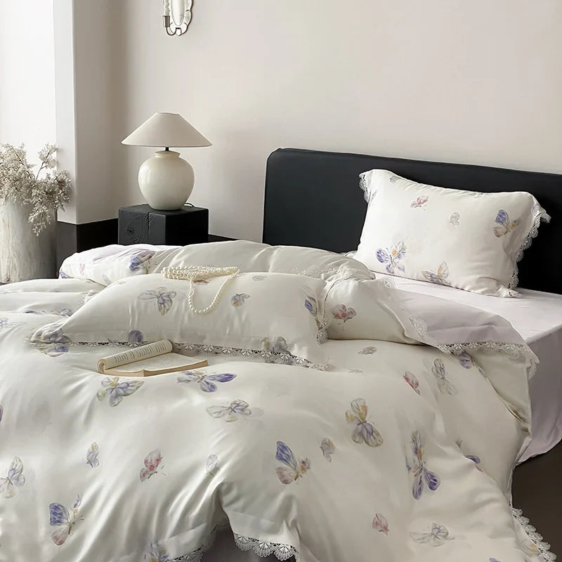 Duvet Cover Fine Satin Butterfly Print & Lace Trim