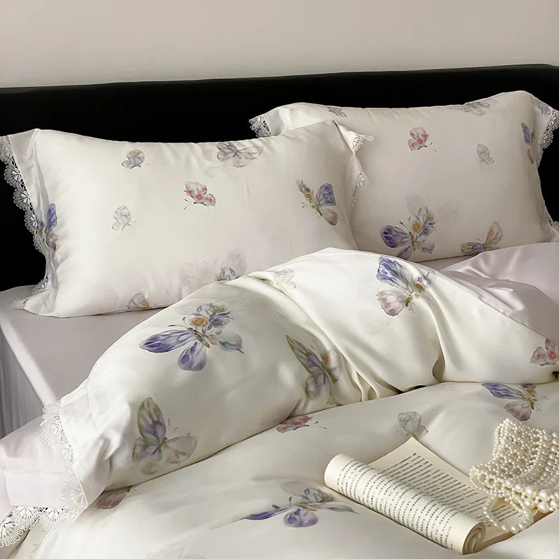 Duvet Cover Fine Satin Butterfly Print & Lace Trim