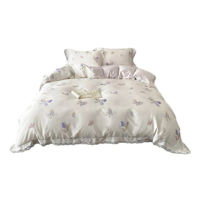 Duvet Cover Fine Satin Butterfly Print & Lace Trim